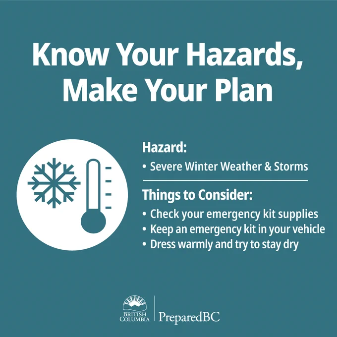 Know your hazards, make your plan. Check your emergency kit supplies, keep an emergency kit in your vehicle and dress warmly and try to stay dry when outside