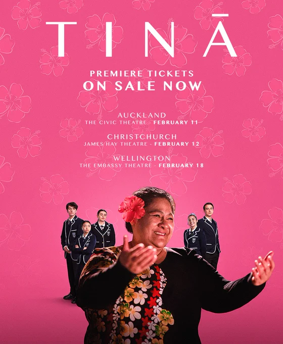Tinā Movie Posted: Premiere Tickets On Sale Now 
Auckland: The Civic Theatre - Feb 11 
Christchurch: James Hay Theatre - Feb 12
Wellington: The Embassy Theatre - February 18
Anapela Polata'ivao stands with her hands up leading a choir in front of a pink and flowery background.