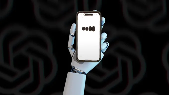 A robotic hand holding a smartphone with a minimalistic interface displayed, set against a dark background with abstract patterns.