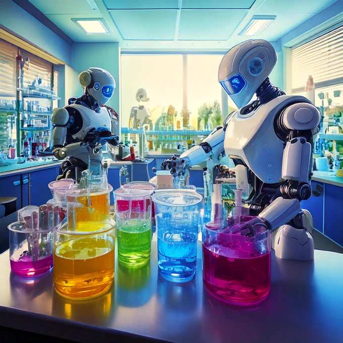 Made with AI - Firefly a robot working in a scientific lab with coloured liquids with another robot in the background