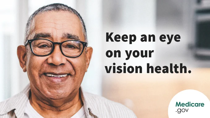 A photo of an older man smiling toward the camera while wearing glasses. Overlay text: Keep an eye on your vision health.