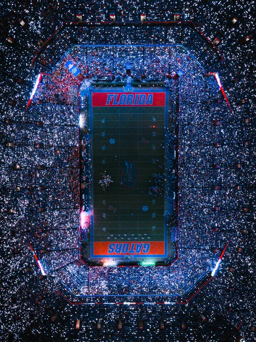 Aerial of The Swamp during a night game. 