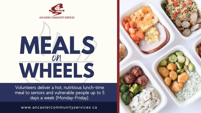 Image on the right of dinners in containers. Text on left: MEALS on WHEELS Volunteers deliver a hot, nutritious lunch-time meal for seniors and vulnerable people up to 5 days a week (Monday-Friday). www.ancastercommunityservices.ca
