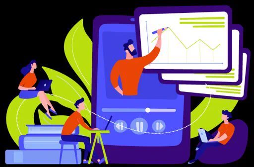 Vector illustration of a person on an oversized tablet drawing charts surrounded by smaller vector people watching the presentation and taking notes on laptops.