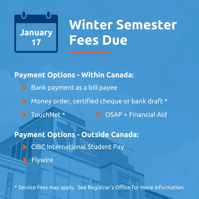White text over a desaturated photo of Ontario Tech University. The text reads "January 17: Winter Semester Fees Due. Payment options within Canada include bank payment, money order, TouchNet, OSAP and other financial aid. If outside of Canada, you can pay through CIBC International Student Pay and Flywire. Services fees may apply. See the Registrar's Office for more information." 