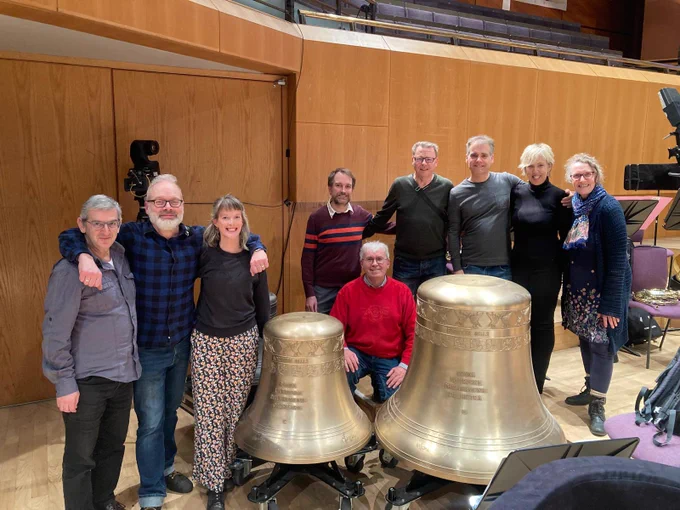 The timpani and percussion section with 2 big shiny bells
