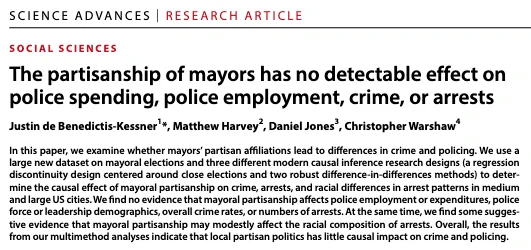 Abstract of article titled "The partisanship of mayors has no detectable effect on police spending, police employment, crime, or arrests"