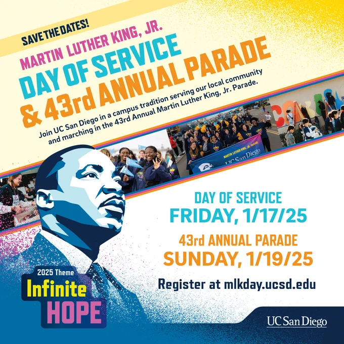 Promotional poster for UC San Diego's 43rd Annual Martin Luther King, Jr. Day of Service Parade on Sunday, January 19, 2025, featuring a stylized image of Martin Luther King, Jr. Text includes details about the event theme "Infinite Hope" and invites participants to register at mlkday.ucsd.edu.