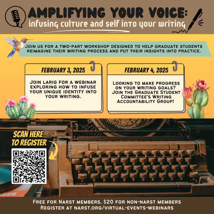 Event Title: Amplifying your Voice: Infusing Culture and Self into your Writing

TWO DAY EVENT: Monday, February 3, & Tuesday, February 4, 2025
4:00 pm - 6:00 pm ET

Event Description:
Many STEM professionals are trained to write their work in a “scientific” fashion, separating self from their work. However, we must recognize the influence and power that comes with our experiences and perspectives and thus seek to infuse that into our work. Join LARIG and the Graduate Student Committee in this deep dive in finding and integrating your Voz and cultura in your writing. This two-part event will begin with a webinar put on by LA RIG exploring how to infuse your unique identity into your writing. Then join the following day for a virtual writing group led by the Grad Student Committee. 

Free for NARST members, $20 for Non-members. 

Registration: https://members.narst.org/events/EventDetails.aspx?alias=AmplifyingyourVoice1