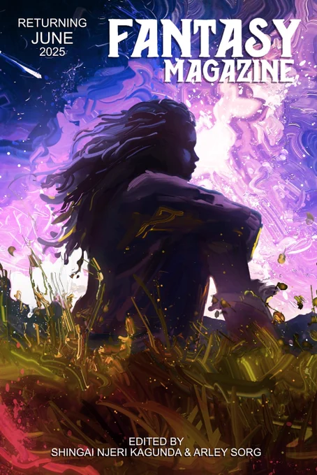 Cover for the relaunched Fantasy Magazine, with a young woman sitting in the grass and purple and bright textures and colors behind her 