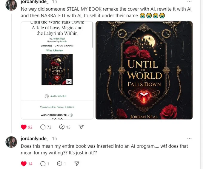 an author on threads (jordan lynde) found their book remade and reproduced with ai, cover, narrator, text and all