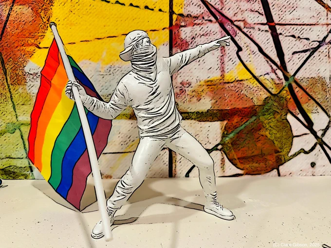 Banksy figurine that normally holds bunch of flowers, holding pride flag. Colourful wallpaper background