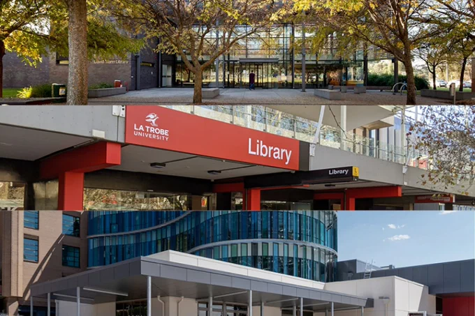Snapshots of front entrances to La Trobe University Libraries at three different campuses across Victoria
