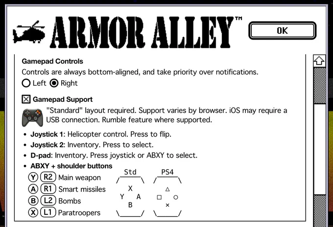 Armor Alley (web remake) preferences modal: Gamepad controls and support.