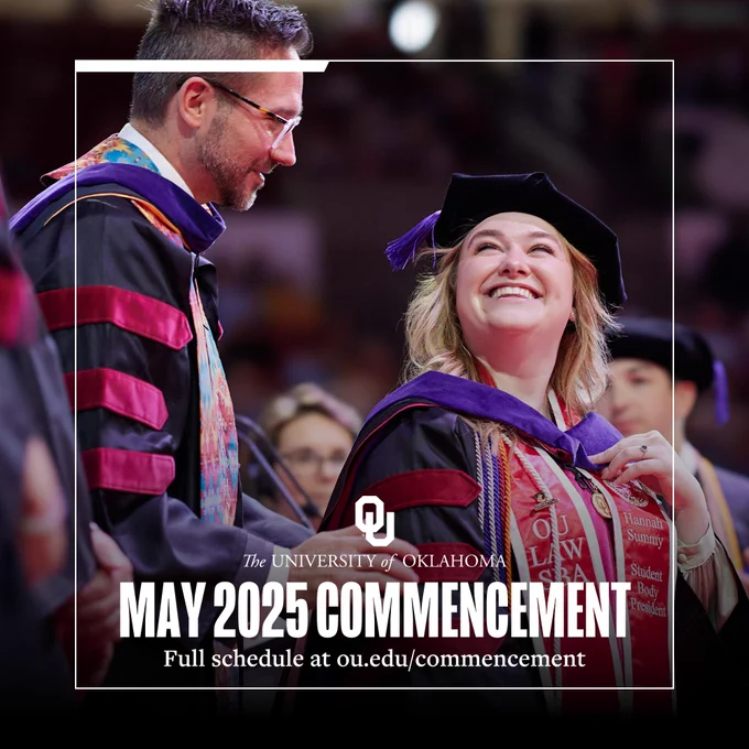A graduate smiling at a faculty member during an OU commencement ceremony. (Promotional image for University of Oklahoma's May 2025 Commencement schedule release. Full schedule at ou.edu/commencement)