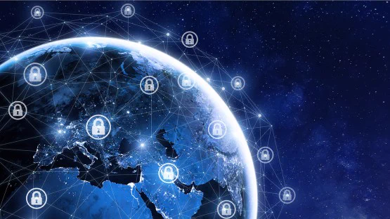 Partial view of Earth from space, with lines representing a linked satellite network that is secure from hacking.