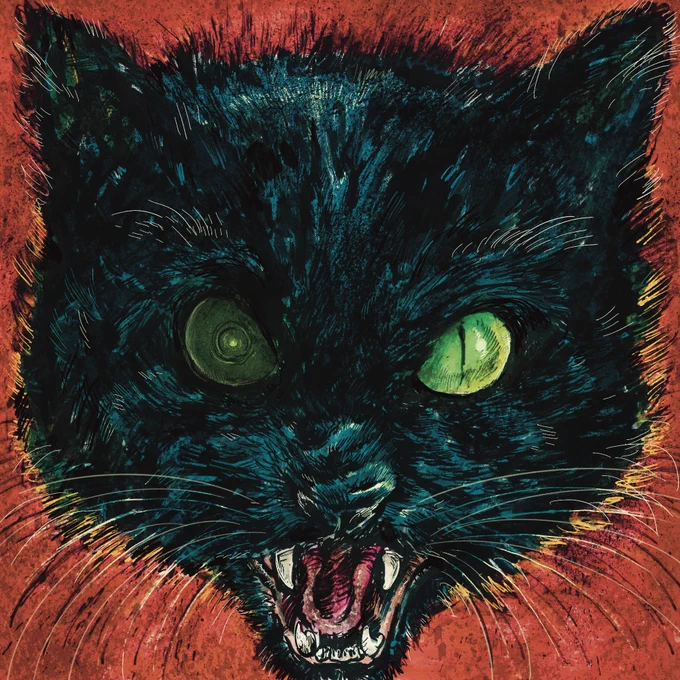 A black cat with one green eye and one blind eye snarlson a red background