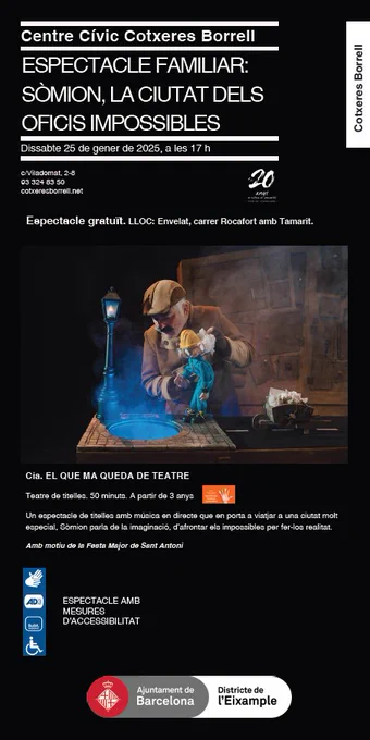 Cartell de l'obra de la Festa Major. Al centre, una fotografia d'un home agafant un titella. A baix, les mesures d'accessibilitat: interpretació en llengua de signes, audiodescripció, subtitulació en directe, accessible per a persones amb mobilitat reduïda
