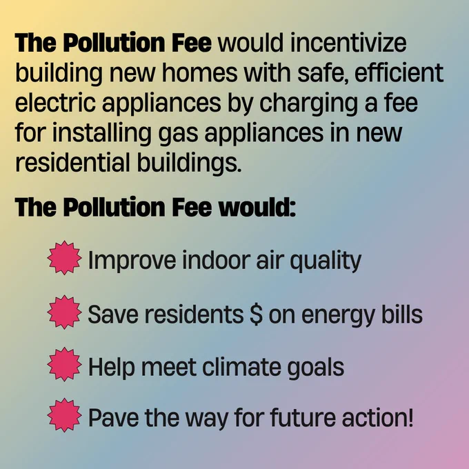 Black text on a muted rainbow gradient background: "The Pollution Fee would incentivize building new homes with safe, efficient electric appliances by charging a fee for installing gas appliances in new residential buildings. The pollution fee would: improve indoor air quality, save residents $ on energy bills, help meet climate goals, and pave the way for future action!