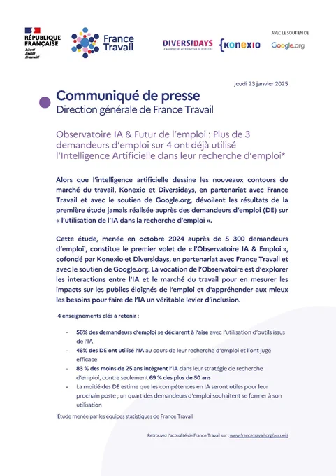 Communiqué de presse - Direction générale "Observatoire IA & Futur de l’emploi : Plus de 3 demandeurs d’emploi sur 4 ont déjà utilisé l’Intelligence Artificielle dans leur recherche d’emploi"