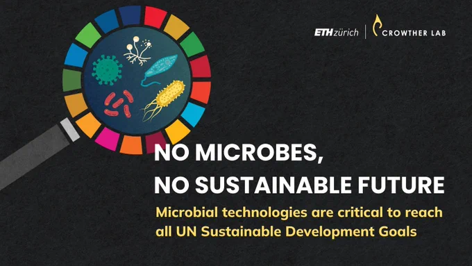 A magnifying glass with the SDG colours showing microbes. Text says: "No microbes, no sustainable future. Microbial technologies are critical to reach all UN Sustainable Development Goals."