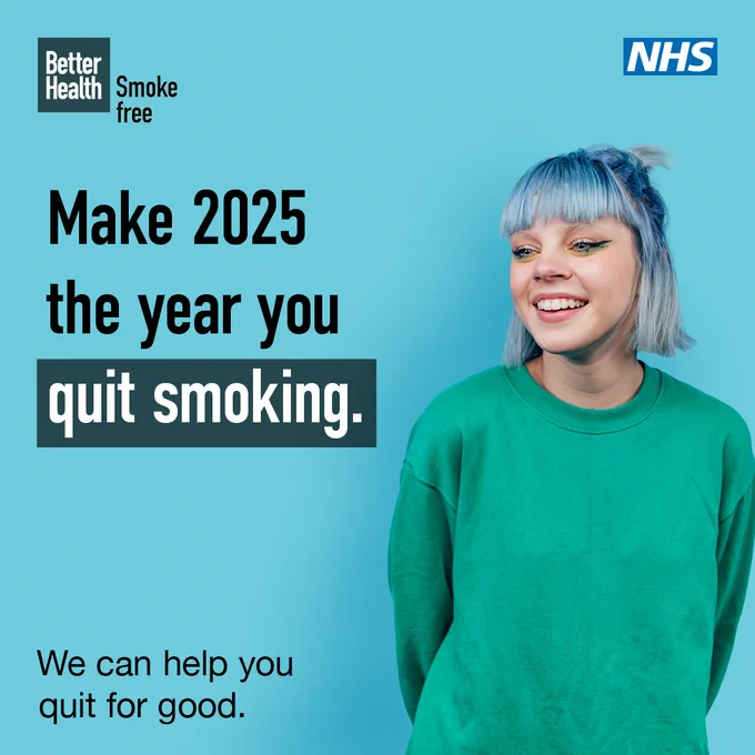 Promotional image by NHS for the Better Health campaign featuring a person with blue hair smiling, wearing a green long sleeve top. Text reads: 'Make 2025 the year you quit smoking. We can help you quit for good.'