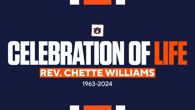Graphic stating today's memorial for Rev. Chette Williams is available via stream on WarEaglePlus.com