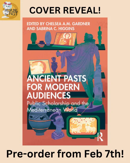 The cover art is set against an orange background, with white text reading "Ancient Pasts for Modern Audiences. Public Scholarship and the Mediterranean World." The cover art shows a series of ancient artifacts (sculptures, busts, vases) set on shelves as if being displayed to an audience.