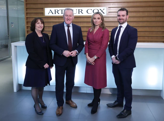 Photograph of Rosemary Lundy, Partner, Economy Minister Conor Murphy, Lynsey Mallon, Managing Partner and Chris Fullerton during the Minister's visit to Arthur Cox.