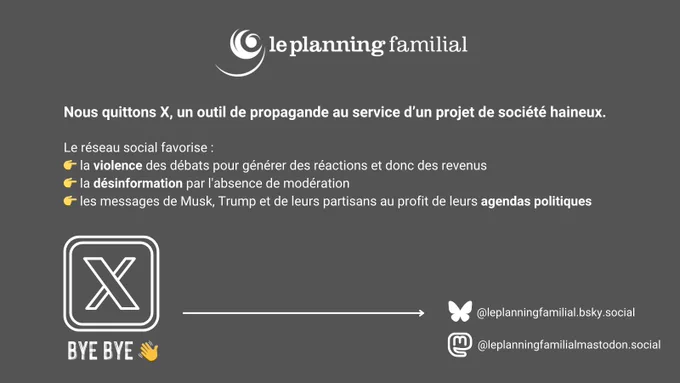 Nous quittons X, un outil de propagande au service d'un projet de société haineux.
Retrouvez nous sur BlueSky et Mastodon