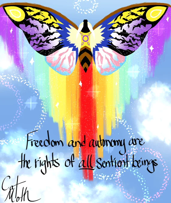 Mothra Leo with trans, non-binary, intersex, and queer people of color representation. The words, "Freedom and autonomy are the rights of all sentient beings" are written over my art piece.