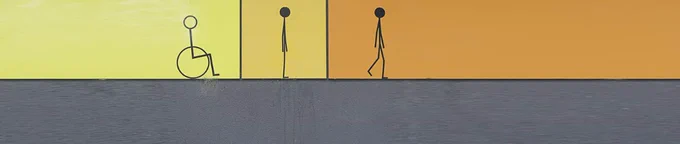 Three stick figures on orange-yellow backgrounds: one in a wheelchair, one standing, one walking.