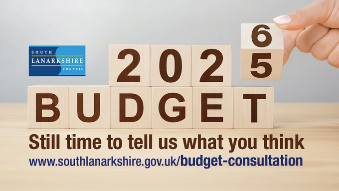Building blocks lying on a table spelling out the word 'BUDGET' with the numbers 202 on top with a hand holding the next block between the numbers 5 and 6 indicating the financial year 2025 to 2026. Still time to tell us what you think at www.southlanarkshire.gov.uk/budget-consultation