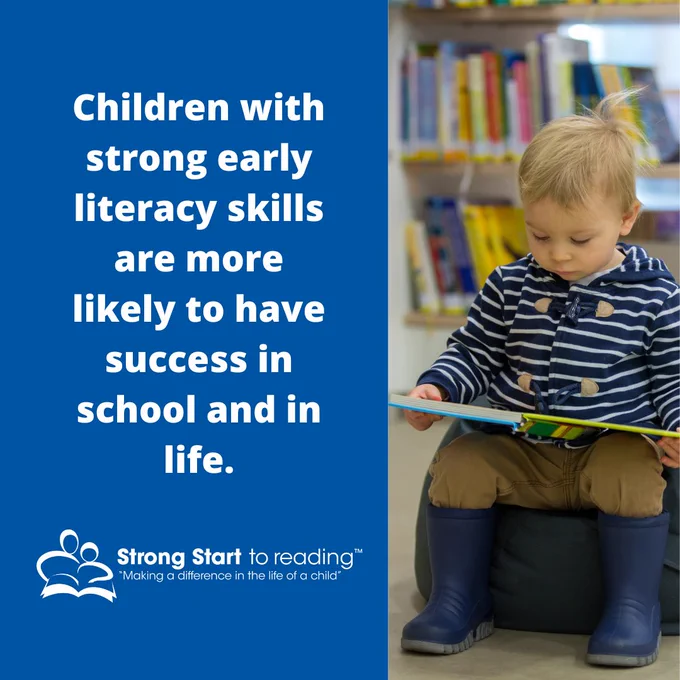 A graphic featuring a photo of a young boy reading a book and text that says: Children with strong early literacy skills are more likely to have success in school and in life.
