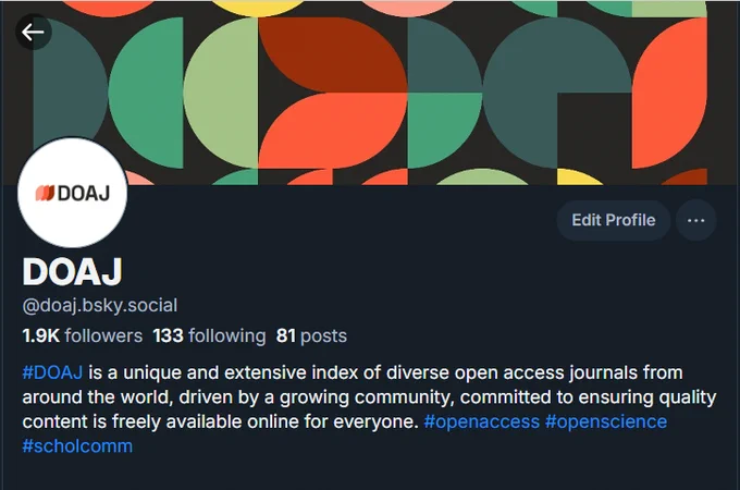 A screenshot of DOAJ's profil on Blueksy. It shows that DOAJ has 1.9K followers, is following 133 accounts and has made 81 posts.