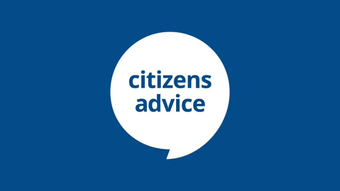 Blue background with a white speech bubble with blue text reading citizens advice. (The Citizens Advice logo.)