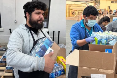 Two photos show individuals engaged in community service. In the left image, a man with a beard, wearing a gray hoodie, is holding a pack of bottled water and other supplies. In the right image, a man wearing a blue hoodie, gloves, and a face mask is organizing bottled water and other items in a cardboard box outdoors, alongside others.