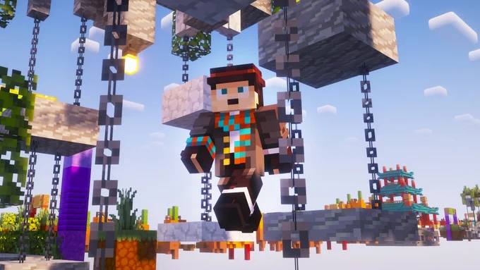 An image within Minecraft of my character on a Parkour Warrior course, jumping between different stone platforms. In the background, more of the course can be seen.