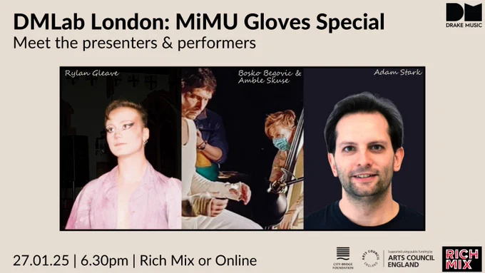 Event flyer for DMLab London. Contains a central feature of 3 seperate images of Bosko Begovic & Amble Skuse performing on stage, a headshot of Adam Stark and a picture of Rylan Gleave during a performance.