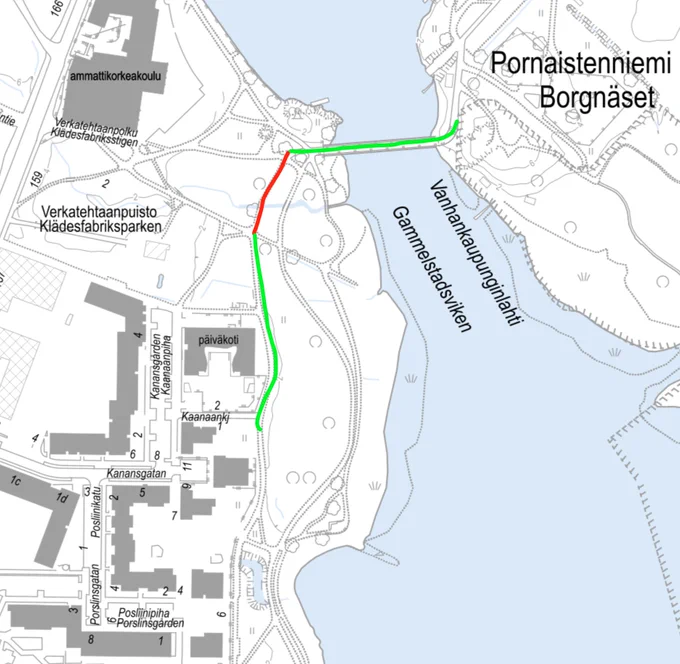 Kartta, johon on merkitty punaisella talvikunnossapidotta jäänyt kävelytien pätkä.