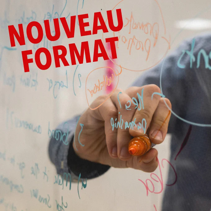 Titre en rouge : nouveau format.
Photo d'une main, armée d'un feutre, écrit sur une vitre des mots reliés entre eux. La photo est prise de l'autre côté de la vitre de sorte qu'on voit les mots écrits à l'envers.