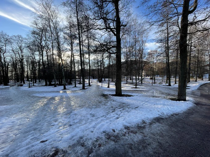Jäiset ja helvetin liukkaat kävelytiet kahden hyvin hoidetun kävelytien välillä.