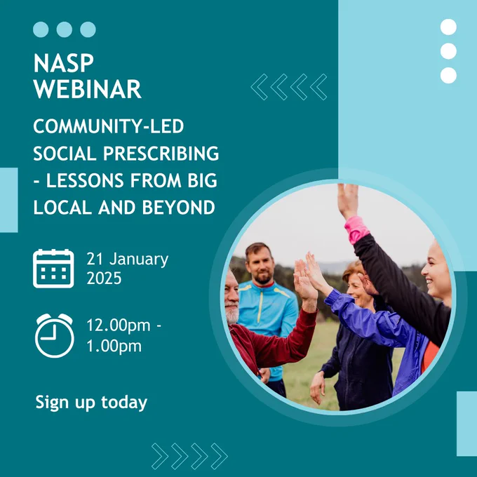 Image of a group people in a park giving each other a high five. Text reads: NASP webinar: Community-led social prescribing - lessons from big local and beyond. 21 January 2025, 12.00pm -1.00pm. Sign up today. 