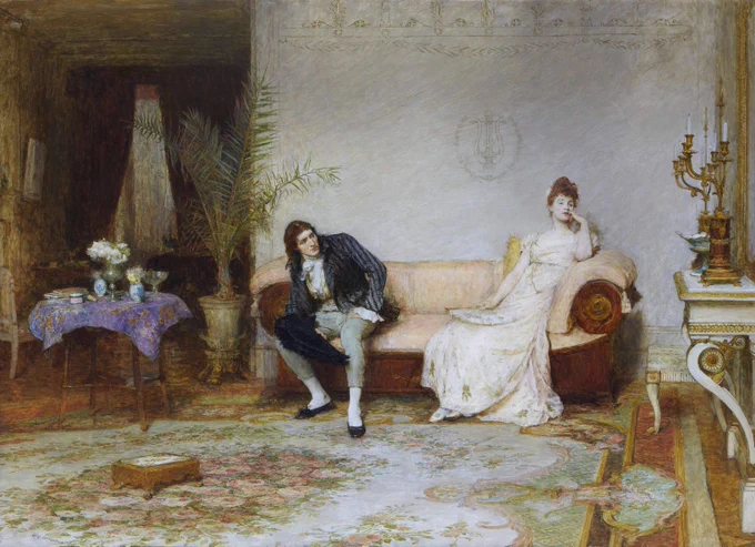 This painting is Enigma by Sir William Quiller Orchardson, painted 1891. It shows a man and a woman seated in a living room at opposite ends of a cream sofa. The man has long brown hair and a blue suit, and is seated to the left. He leans slightly forward to look at the woman, who sits to the right. She wears a long white dress, and holds a fan in her lap. She is looking to the right, away from the man.