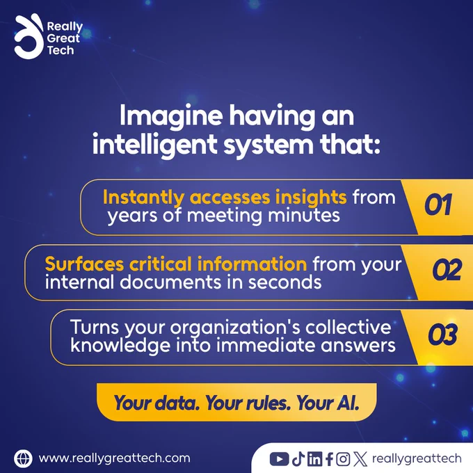 Imagine having an intelligent system that:
- Instantly accesses insights from years of meeting minutes
- Surfaces critical information from your internal documents in seconds
- Turns your organization's collective knowledge into immediate answers
Your data. Your rules. Your AI.