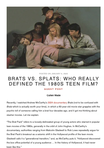 A screenshot of the article, "Brats vs. Splats: Who Really Defined the 1980s Teen Film?" featuring a promotional photo from A NIGHTMARE ON ELM STREET 3: DREAM WARRIORS in which Freddy Krueger and the rest of the main cast is lounging in an arrangement that mocks the same pose used for THE BREAKFAST CLUB poster.