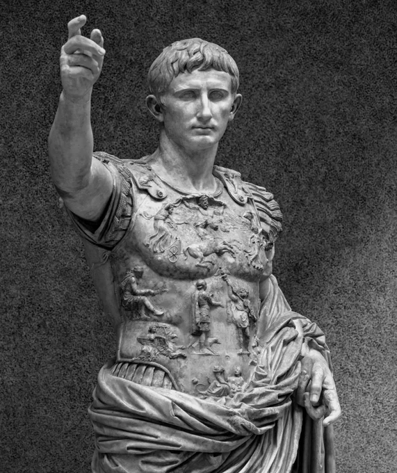 Augustus of Prima Porta, adapted from a photograph taken by Bradley Weber and released under a CC BY 2.0 licence (https://creativecommons.org/licenses/by/2.0/deed.en)
