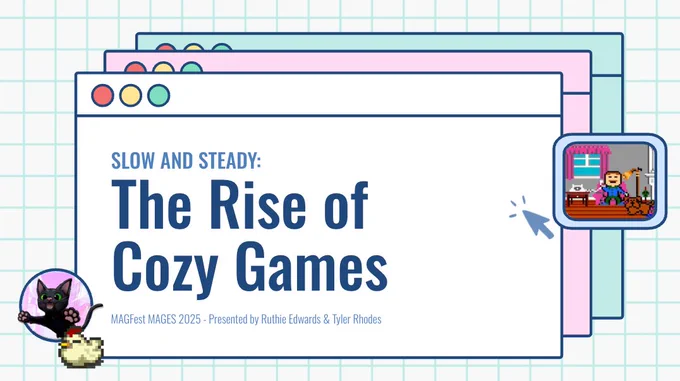 A cute computer-game themed slide that reads "Slow and Steady: The Rise of Cozy Games" with screenshots from Harvest Moon, Little Kitty Big City, and Little Computer People