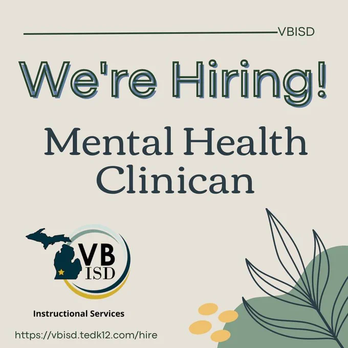 "We're hiring! Mental Health Clinician" wording above the VBISD logo and a drawing of a leaf. 