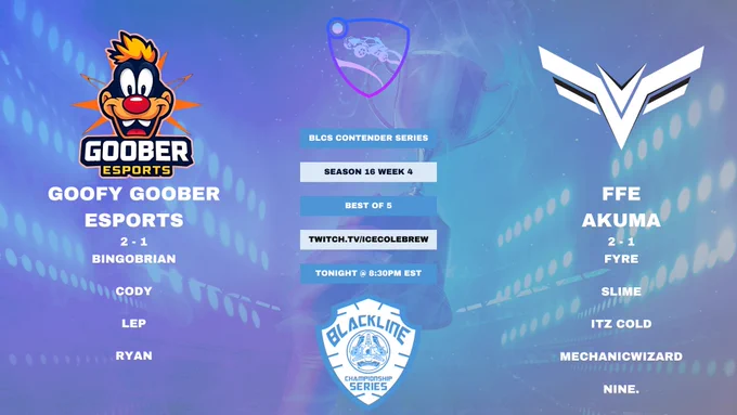 a match card between the 2-1 goofy goober esports vs ffe akuma who is also 2-1
Tonight at 8:30pm EST on Twitch.tv/IceColeBrew for the Season 16 week 4 Blackline championship series match.